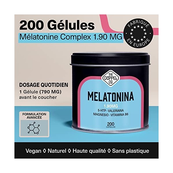 Mélatonine 1,9 mg - 200 Gélules de 790 mg - Bien Dormir, Cure + 6 mois - Mélatonine avec 5HTP, Magnésium, Valériane, Vitamine