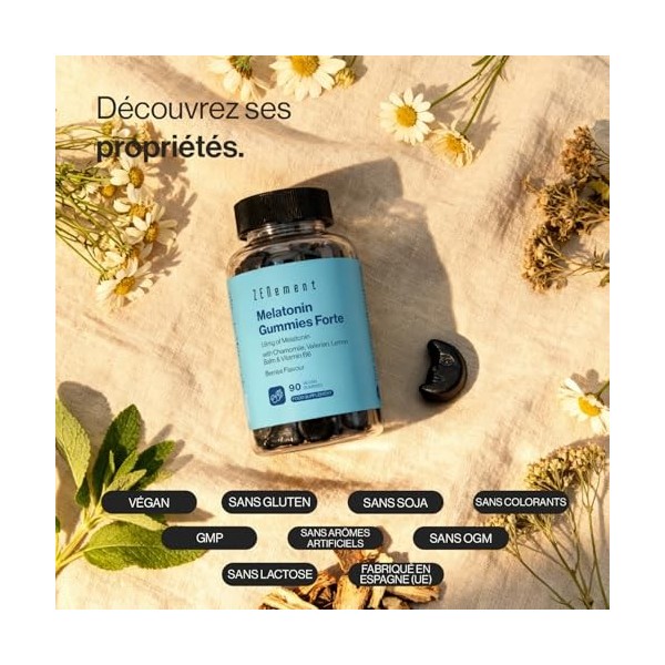 Gummies Mélatonine Forte 1,9 mg – Avec Camomille, Valériane, Mélisse, Sureau & Vitamine B6 – 90 Gommes Véganes pour Dormir – 