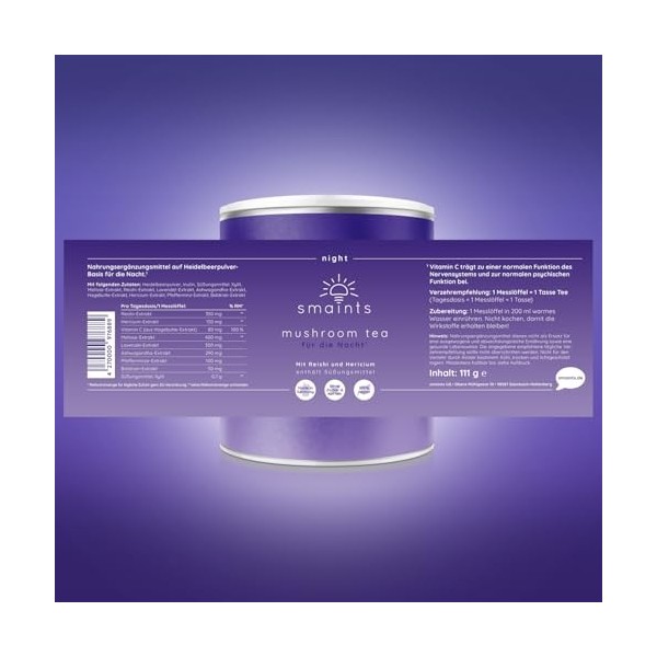 smaints Thé mushroom | Formule complexe avec reihi, héricium, mélisse, valériane, ashwagandha et vitamine C | Parfait avant l