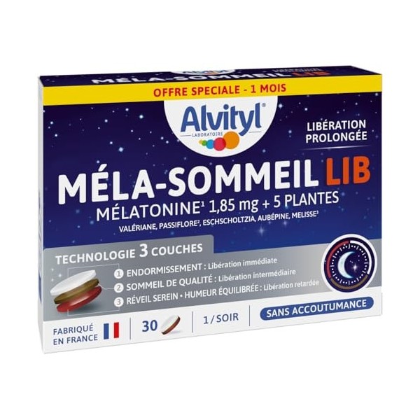 Alvityl Mela-Sommeil LIB - Mélatonine + 5 plantes - Comprimé tricouche à libération prolongée - Sommeil de qualité et réveil 