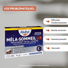 Alvityl Mela-Sommeil LIB - Mélatonine + 5 plantes - Comprimé tricouche à libération prolongée - Sommeil de qualité et réveil 