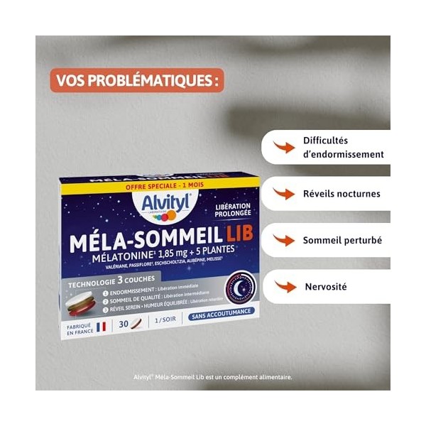 Alvityl Mela-Sommeil LIB - Mélatonine + 5 plantes - Comprimé tricouche à libération prolongée - Sommeil de qualité et réveil 