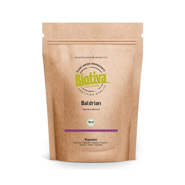 Biotiva Capsules de valériane bio 180 capsules - Racine de valériane moulue - 600mg par capsule - Conditionné et contrôlé en 