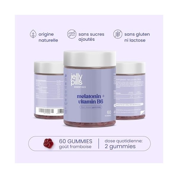 Jelly Pills Mélatonine & Vitamine B6 – 60 Gummies Véganes – Sans Sucres Ajoutés – Goût Mûre – 0,5 mg par Gummy – Sans Gluten 