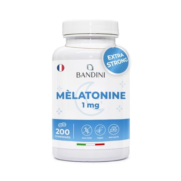 Bandini® Mélatonine 200 comprimés plus de 6 Mois | 1 mg par Micro-comprimé Facile à Avaler | Support pour Sommeil rapide, J