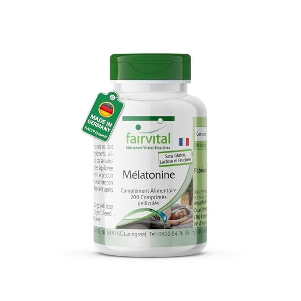Fairvital | Mélatonine 1,5mg - 200 comprimés - faciles à avaler - 1,5mg de mélatonine par comprimé - qualité contrôlée et hau