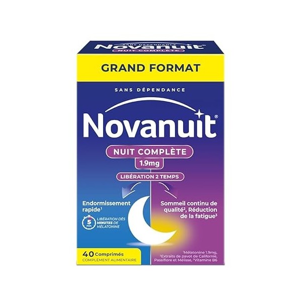 NOVANUIT nuit complète – Mélatonine 1,9 mg, Plantes, Vitamine B6 – Complément Alimentaire – Endormissement rapide, Sommeil co...