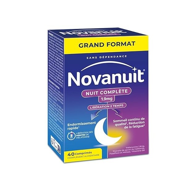 NOVANUIT nuit complète – Mélatonine 1,9 mg, Plantes, Vitamine B6 – Complément Alimentaire – Endormissement rapide, Sommeil co...