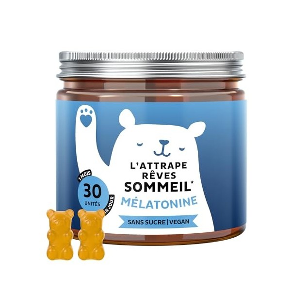 LAttrape Rêve Sommeil – Sommeil naturel – 1mg de Mélatonine avec Vitamine B6 – 30 Unités 1 mois – Sans sucre, Vegan – Bear