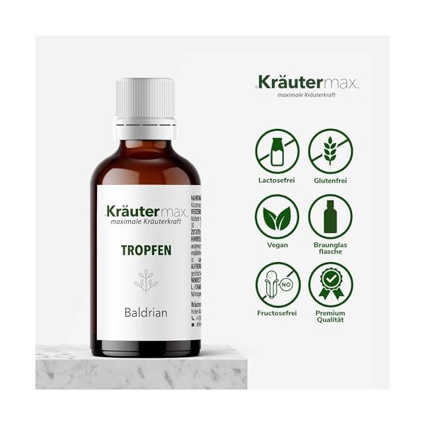 Kräutermax - Gouttes de valériane - 50 ml - Teinture végétalienne de racine de valériane - 15 % de volume