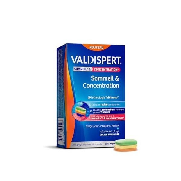 VALDISPERT - Sommeil & Concentration - Complément alimentaire tricouches - Mélatonine 1,9mg, Ginkgo, Zinc, Mélisse, Passiflor
