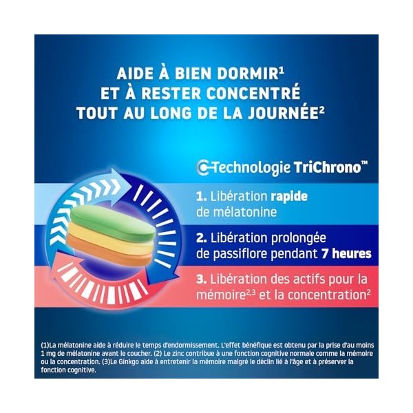 VALDISPERT - Sommeil & Concentration - Complément alimentaire tricouches - Mélatonine 1,9mg, Ginkgo, Zinc, Mélisse, Passiflor