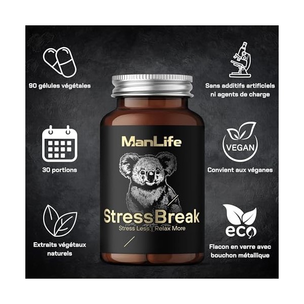 Valériane + ashwagandha + mélisse + passiflore + GABA + L-tryptophane + L-théanine | 90 gélules | StressBreak – ManLife