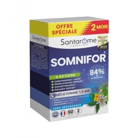 Santarome - Somnifor 4 actions - Complément alimentaire - Mélatonine 1,9 mg, Plantes - Sommeil réparateur - Format 2 mois - M