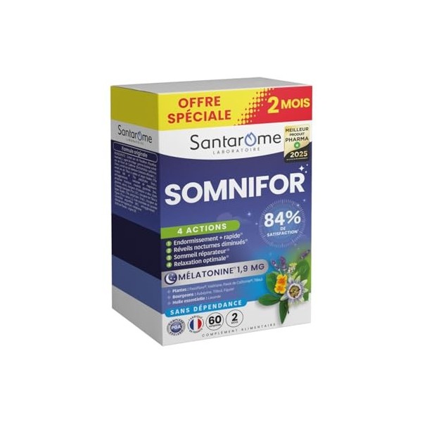 Santarome - Somnifor 4 actions - Complément alimentaire - Mélatonine 1,9 mg, Plantes - Sommeil réparateur - Format 2 mois - M