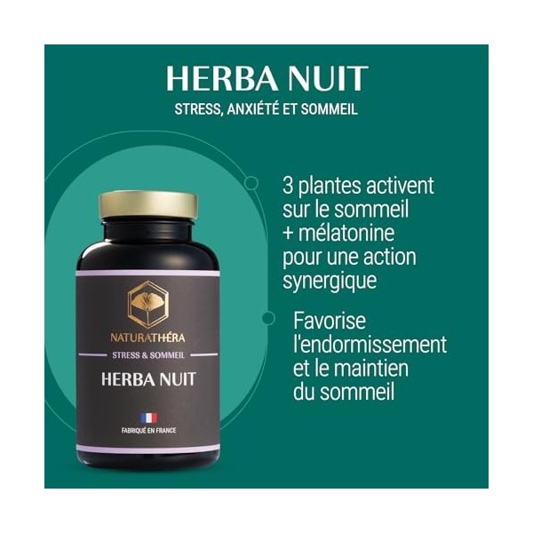 Naturathéra HERBA NUIT - Sans Accoutumance - Complément Alimentaire Sommeil & Réparateur - Extraits de plantes - 90 Gélules -