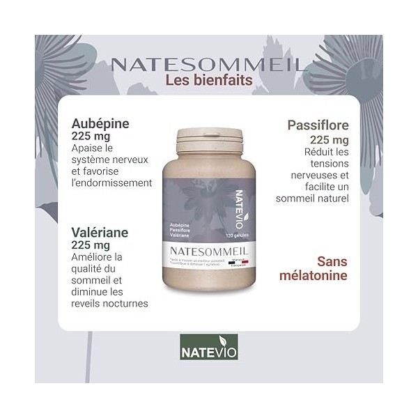 NATEVIO Natesommeil – Complément Sommeil Naturel Sans mélatonine - Aubépine - Passiflore - Valériane - 120 gélules végétales 