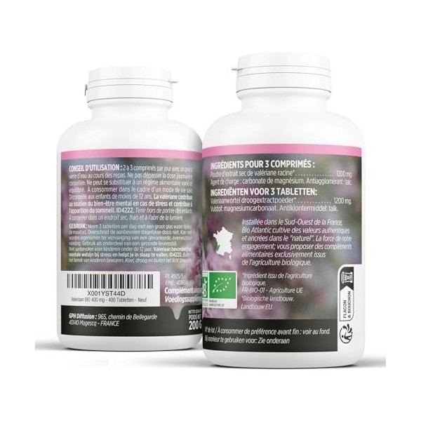 Valériane Bio - 400 mg - 400 comprimés - Bio Atlantic