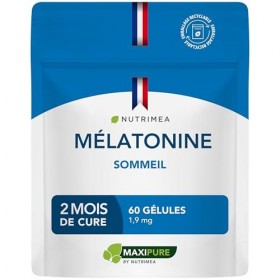 MELATONINE 1,9 mg - Régule lHorloge Biologique & Limite le Jetlag - Nutrimea - 60 Gélules Vegan - Fabriqué en France