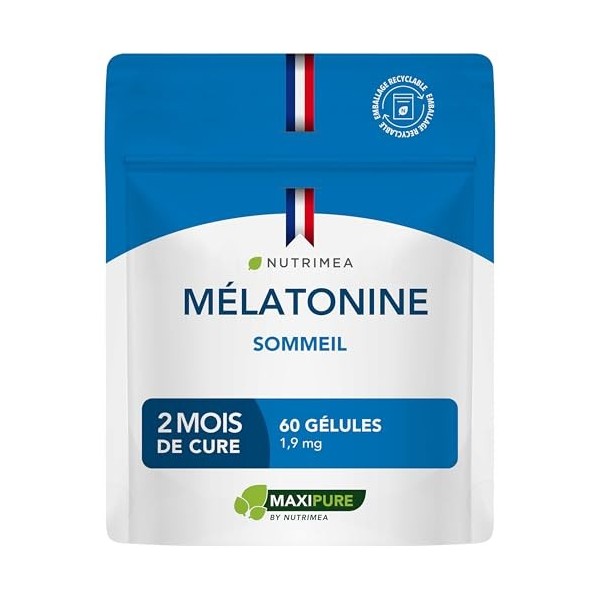 MELATONINE 1,9 mg - Régule lHorloge Biologique & Limite le Jetlag - Nutrimea - 60 Gélules Vegan - Fabriqué en France
