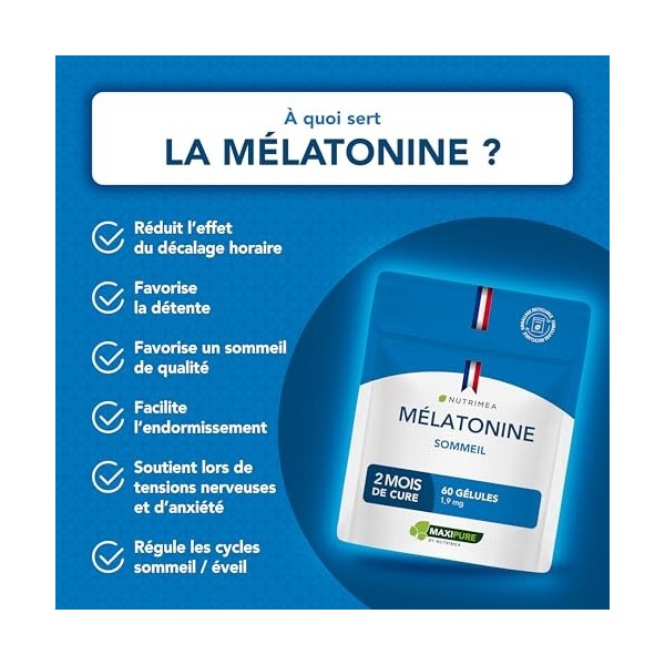 MELATONINE 1,9 mg - Régule lHorloge Biologique & Limite le Jetlag - Nutrimea - 60 Gélules Vegan - Fabriqué en France
