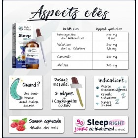 SLEEP RIGHT: Valériane, Ashwagandha, Camomille et Mélisse 100 ml gouttes. Complément pour le sommeil, le stress et l’anxiété.