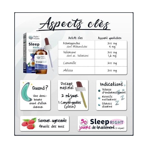 SLEEP RIGHT: Valériane, Ashwagandha, Camomille et Mélisse 100 ml gouttes. Complément pour le sommeil, le stress et l’anxiété.
