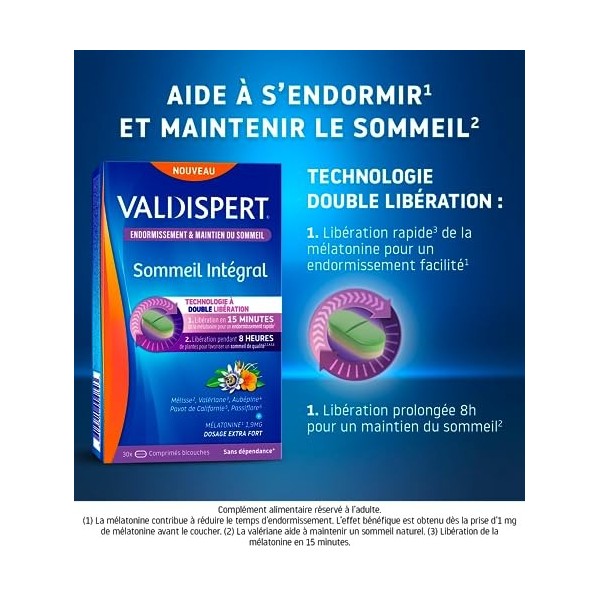 VALDISPERT - Sommeil Intégral - Endormissement & Maintien Du Sommeil - Complément Alimentaire À La Mélatonine et Plantes - Do