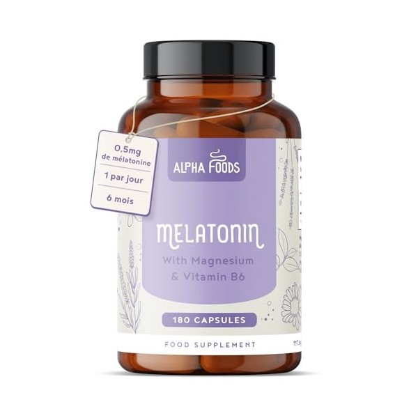 Melatonine 0,5 mg | 180 capsules | pour Endormissement Rapide, Sommeil & Jet Lag | Magnésium, L-Tryptophane, Passiflore, Lava