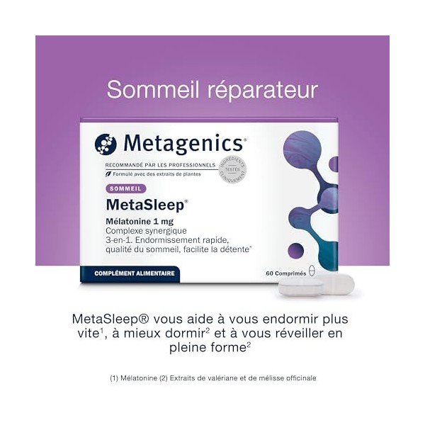 Metagenics MetaSleep - Complément Alimentaire Mélatonine 1 mg, Valériane, Mélisse, Magnésium, Vitamines B6 & B12 - Sommeil Ré