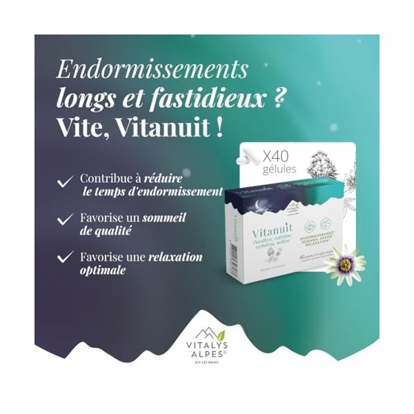 Vitanuit - 40 gélules - Passiflore, Valériane, Mélisse, Mélatonine - Retrouver un sommeil de qualité ! Cure de 20 jours - Vit