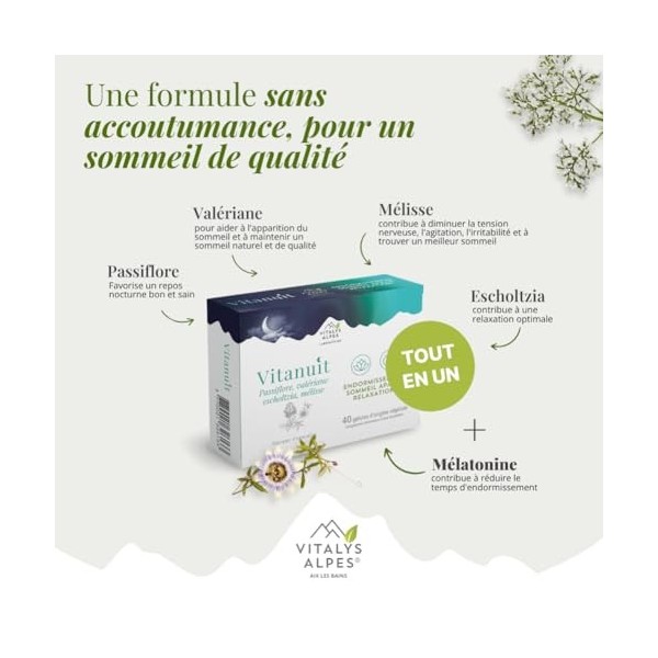 Vitanuit - 40 gélules - Passiflore, Valériane, Mélisse, Mélatonine - Retrouver un sommeil de qualité ! Cure de 20 jours - Vit