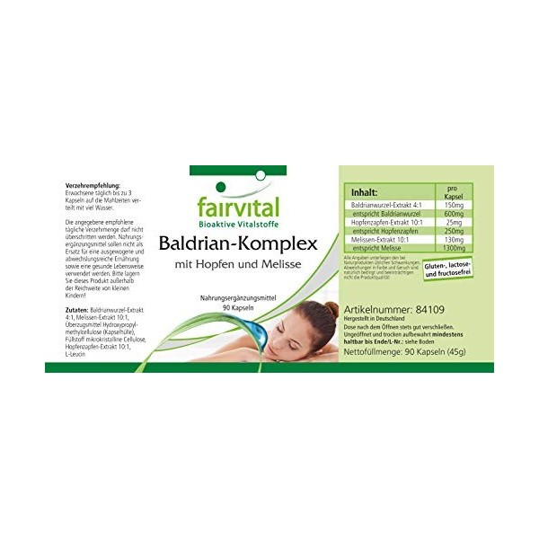 Fairvital | Valériane complexe VEGAN - Fortement dosé - 90 capsules - avec du houblon et de la mélisse