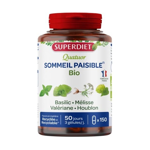 SUPERDIET – QUATUOR SOMMEIL PAISIBLE BIO – Basilic, Mélisse, Valériane, Houblon- Sommeil paisible – Fabrication Française - 1...