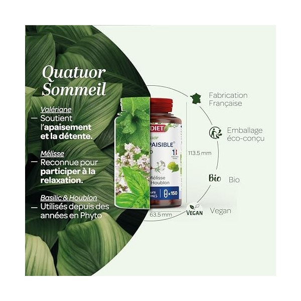 SUPERDIET – QUATUOR SOMMEIL PAISIBLE BIO – Basilic, Mélisse, Valériane, Houblon- Sommeil paisible – Fabrication Française - 1...