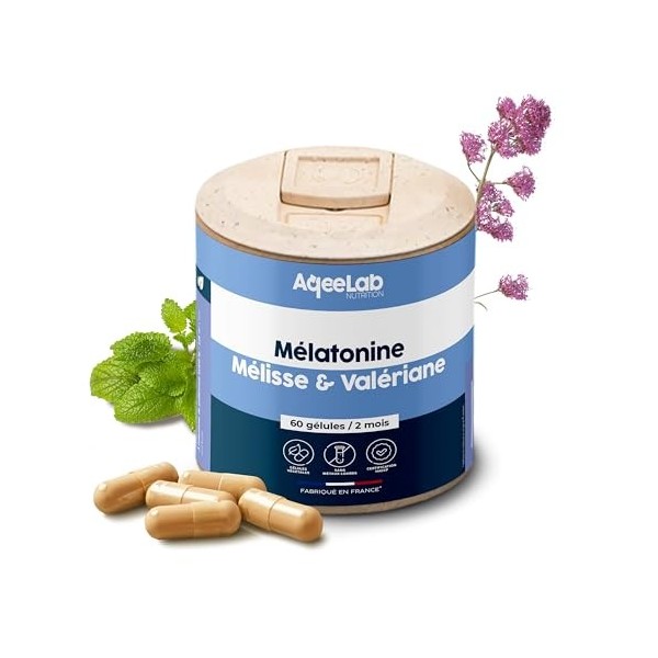 Mélatonine & plantes • Dosage maximal • 60 gélules végétales • 2 mois • Améliore le sommeil • Testée en laboratoire indépenda
