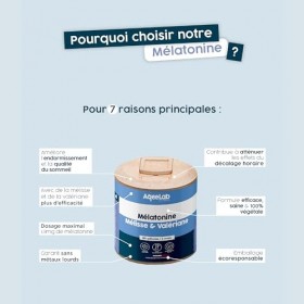 Mélatonine & plantes • Dosage maximal • 60 gélules végétales • 2 mois • Améliore le sommeil • Testée en laboratoire indépenda