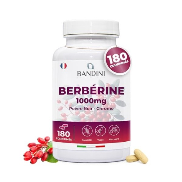 Bandini® Berberine 1000mg pure haut dosage | 180 comprimés vegan - Berberin HCl from Berberis Aristata 97% + Chromium et Poiv