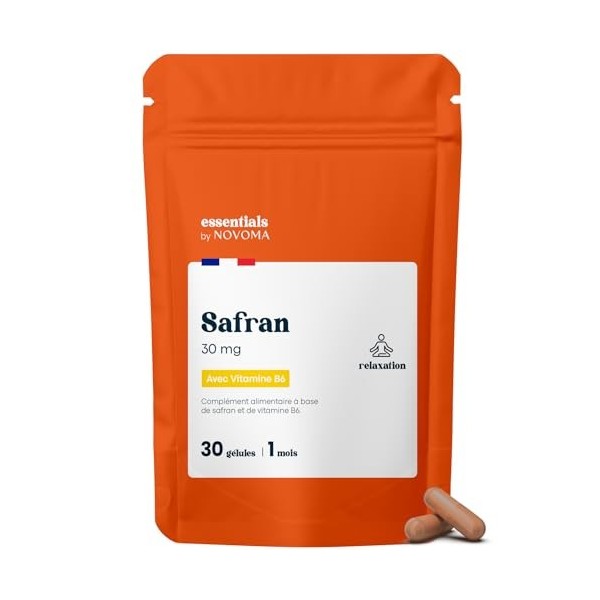 Safran 30mg Anti Stress Adulte, Bonne Humeur, Sérénité & Concentration, Avec Vitamine B6, 30 Gélules Vegan, Cure de 1 Mois, F