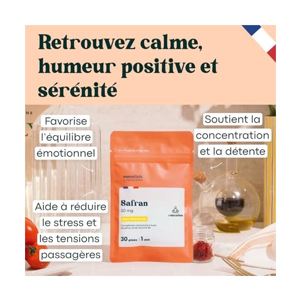 Safran 30mg Anti Stress Adulte, Bonne Humeur, Sérénité & Concentration, Avec Vitamine B6, 30 Gélules Vegan, Cure de 1 Mois, F