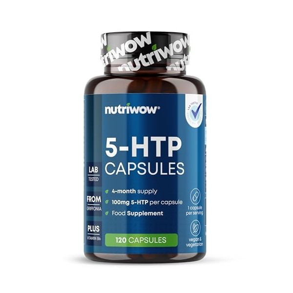 Nutriwow Griffonia 5-HTP 100 mg, 120 gélules véganes, extrait 20:1 – équivalent à 8 000 mg de graines, 1 par jour, cure de 4