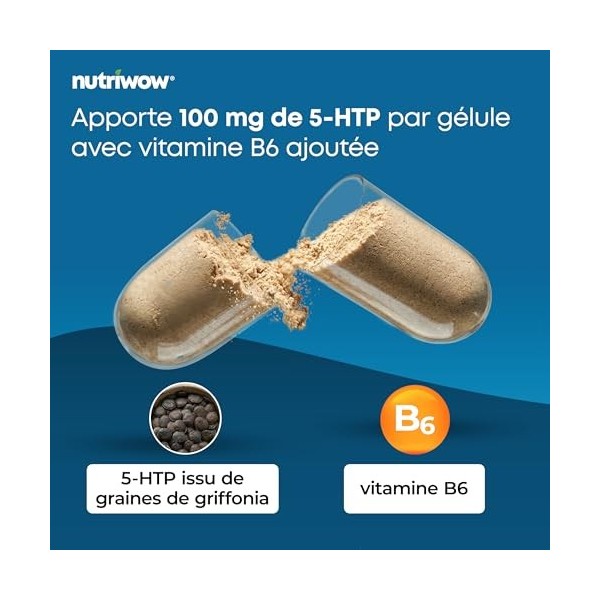 Nutriwow Griffonia 5-HTP 100 mg, 120 gélules véganes, extrait 20:1 – équivalent à 8 000 mg de graines, 1 par jour, cure de 4