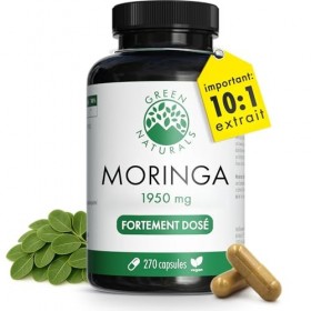 Green Naturals® Moringa Oleifera – Haute dose 19.500 mg équivalent poudre de moringa 1.950 mg d’extrait 10:1 – 100% végane 