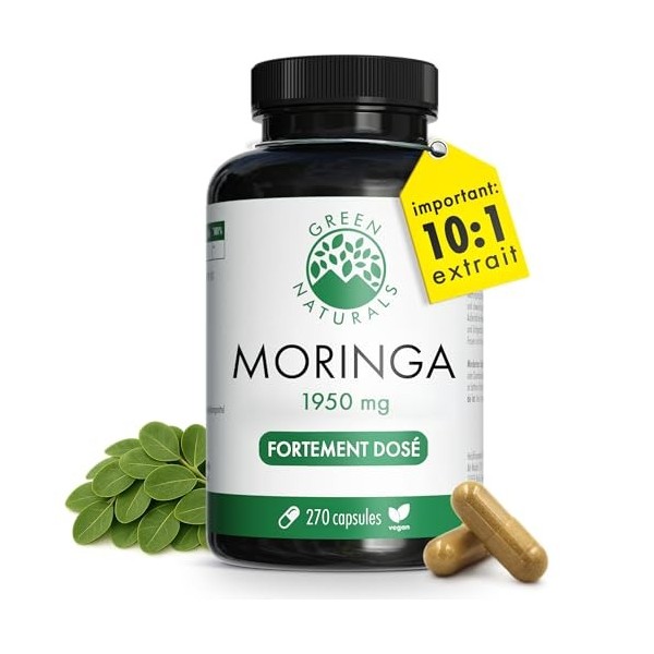 Green Naturals® Moringa Oleifera – Haute dose 19.500 mg équivalent poudre de moringa 1.950 mg d’extrait 10:1 – 100% végane 