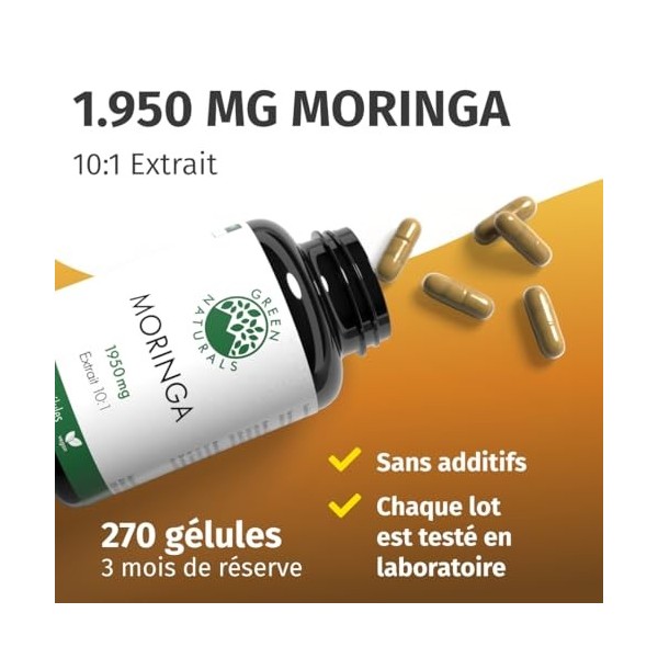 Green Naturals® Moringa Oleifera – Haute dose 19.500 mg équivalent poudre de moringa 1.950 mg d’extrait 10:1 – 100% végane 