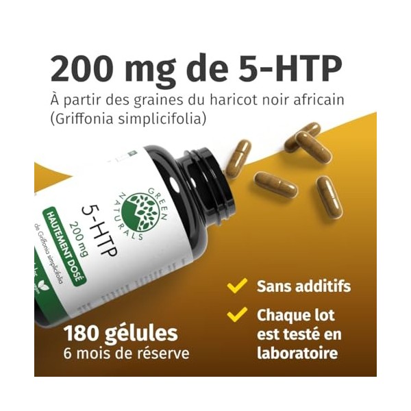 Green Naturals® 5-HTP – Hautement dosé 200 mg issu de Griffonia simplicifolia – 100% végétalien & sans additifs – Qualité all