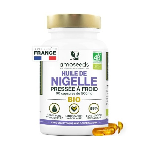 Huile de Nigelle BIO | 1 500mg d’Huile de Cumin Noir pure | Première pression à froid | 59% acide linoléique | 90 capsules vé