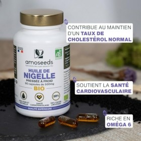 Huile de Nigelle BIO | 1 500mg d’Huile de Cumin Noir pure | Première pression à froid | 59% acide linoléique | 90 capsules vé