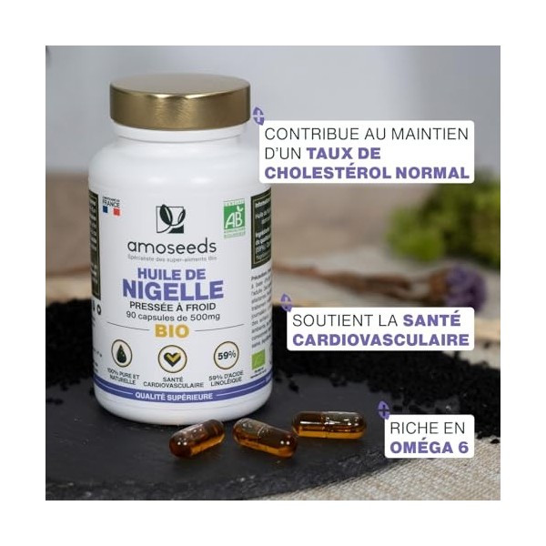 Huile de Nigelle BIO | 1 500mg d’Huile de Cumin Noir pure | Première pression à froid | 59% acide linoléique | 90 capsules vé