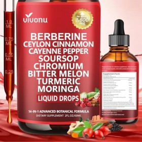 VivoNu Gouttes de berbérine - 1800 mg - 60 ml - Avec chrome et cannelle de Ceylan - 100 % naturel - Haute biodisponibilité - 